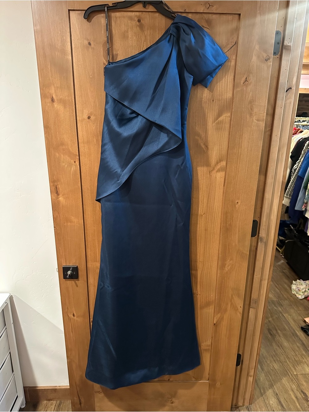 Theia One-Shoulder Midnight Blue Satin Gown